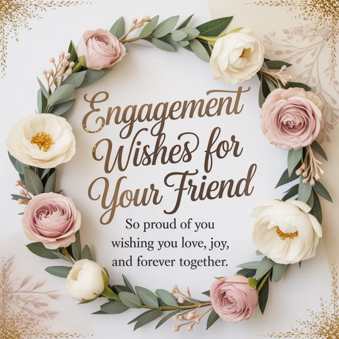 A floral wreath of cream and pink roses surrounds brown cursive text reading "Engagement Wishes for Your Friend." The tone is joyful and celebratory.