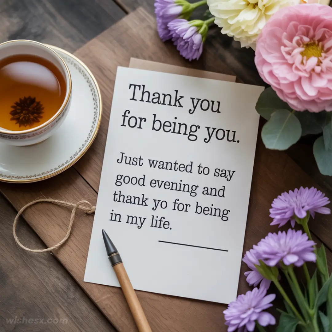 A heartfelt note on a wooden surface reads, "Thank you for being you," alongside a pen, cup of tea, and fresh flowers, conveying gratitude and warmth.