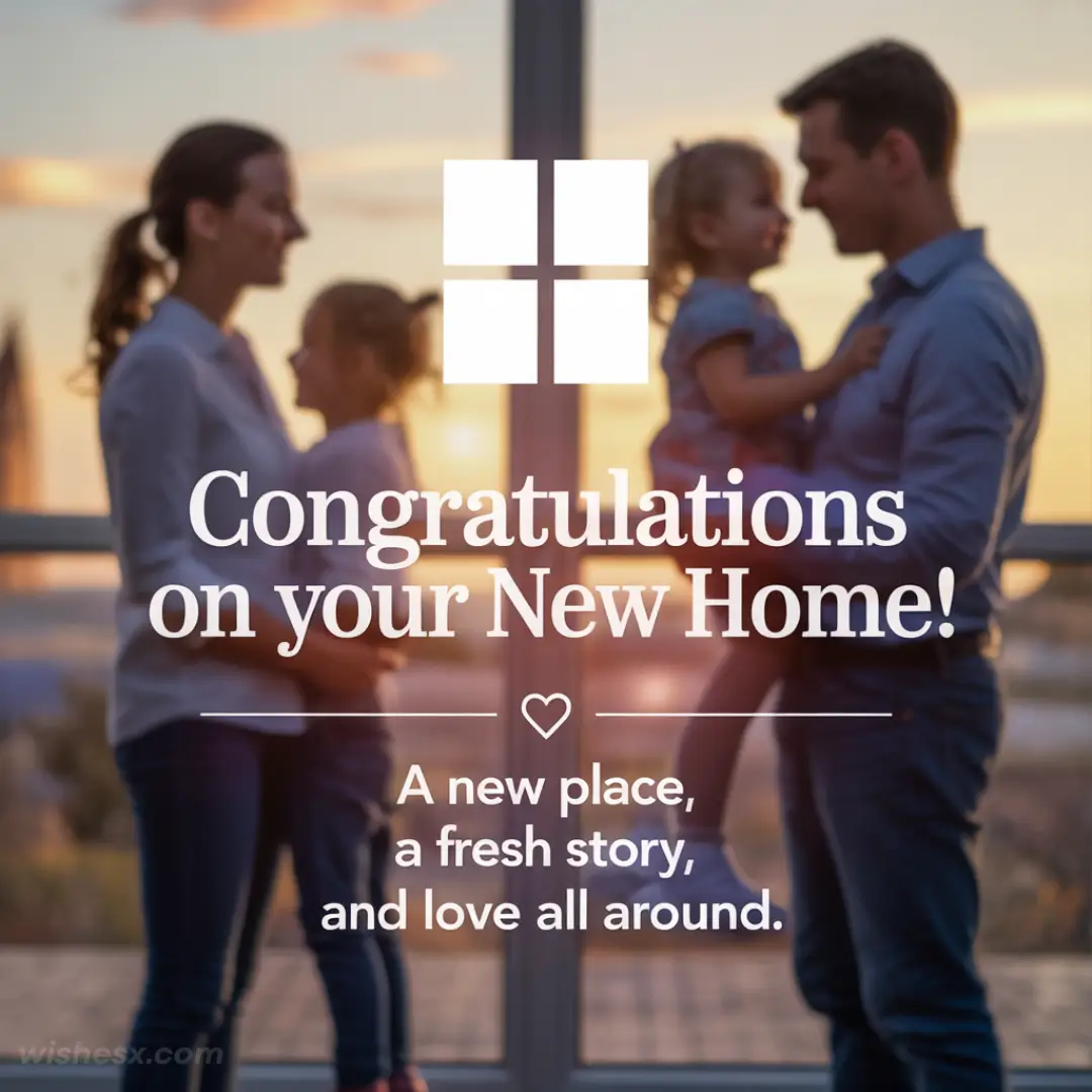 Silhouetted family of four, smiling and holding children in front of a window during sunset. Text: "Congratulations on your New Home! A new place, a fresh story, and love all around."