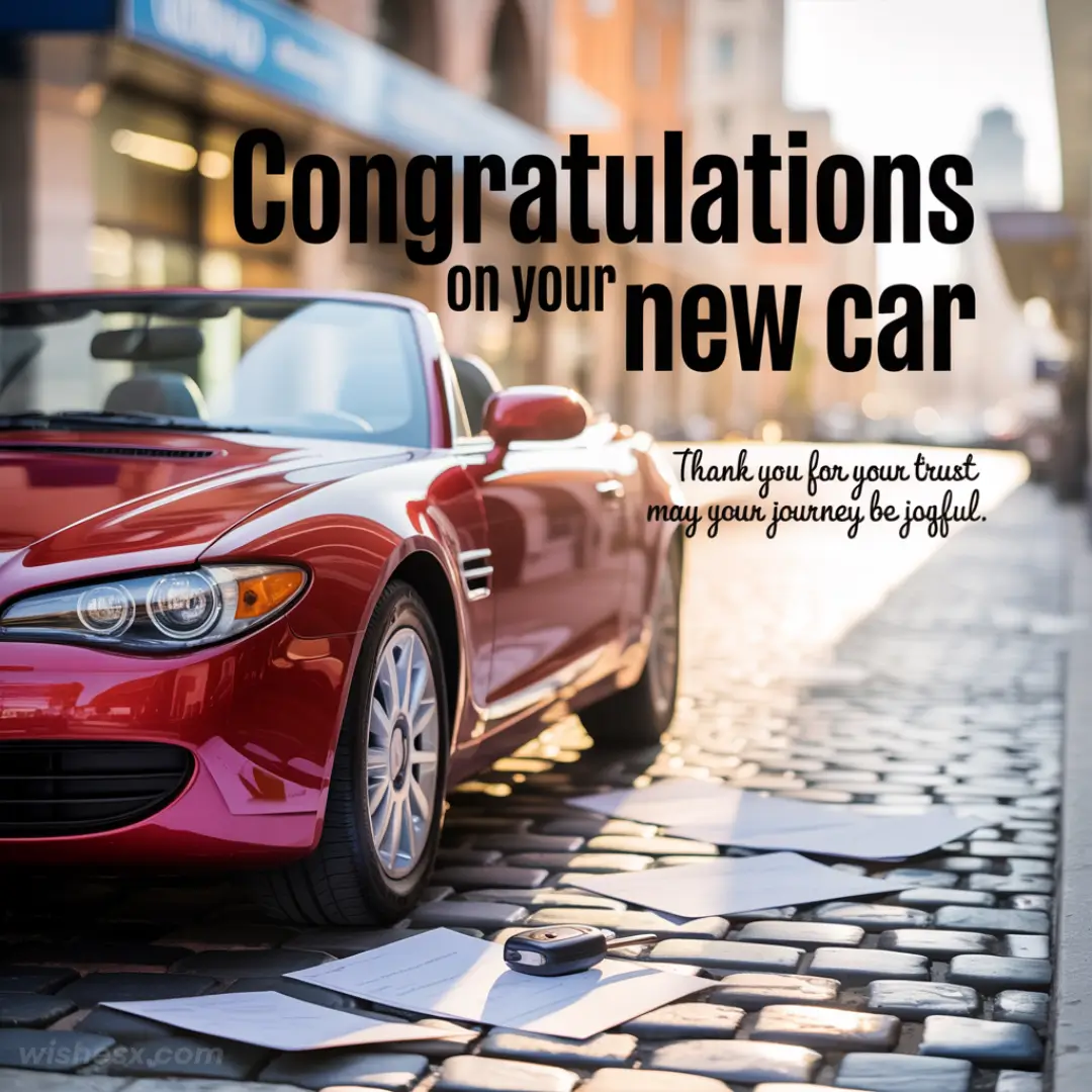 Red convertible car parked on a cobblestone street with documents and a key on the ground. Text reads, "Congratulations on your new car."