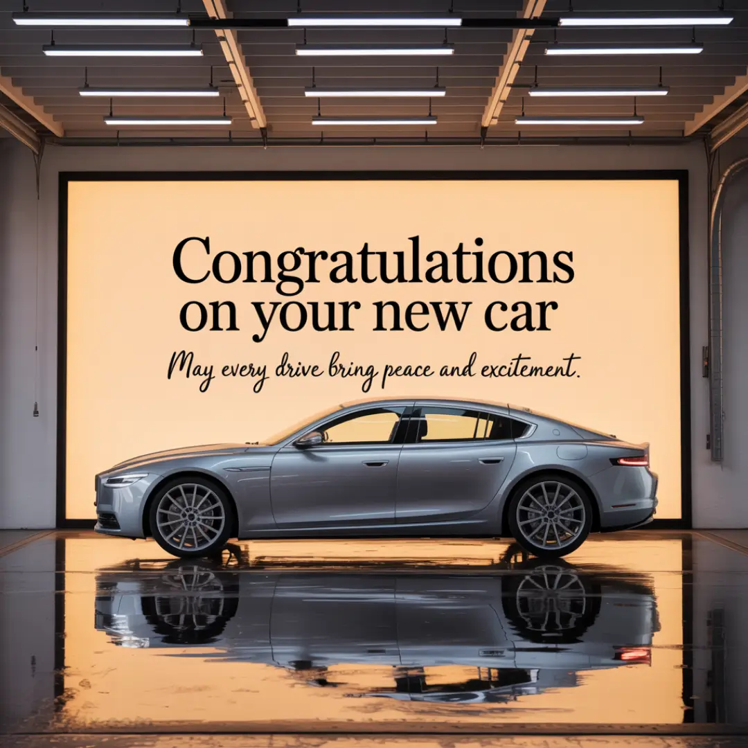 A sleek silver car is parked indoors against a large illuminated sign saying, "Congratulations on your new car. May every drive bring peace and excitement."