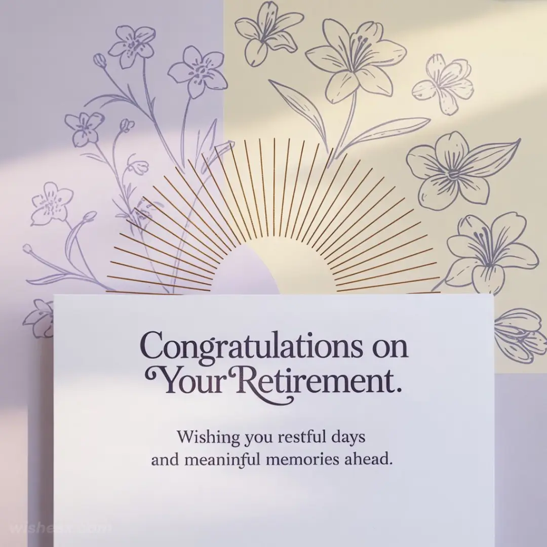 Retirement card with "Congratulations on Your Retirement" text. Features a sunburst and floral design in lavender and beige tones, conveying warmth.