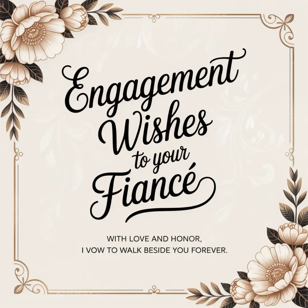 Engagement card with decorative flowers and elegant script. Text reads: "Engagement Wishes to your Fiancé. With love and honor, I vow to walk beside you forever."