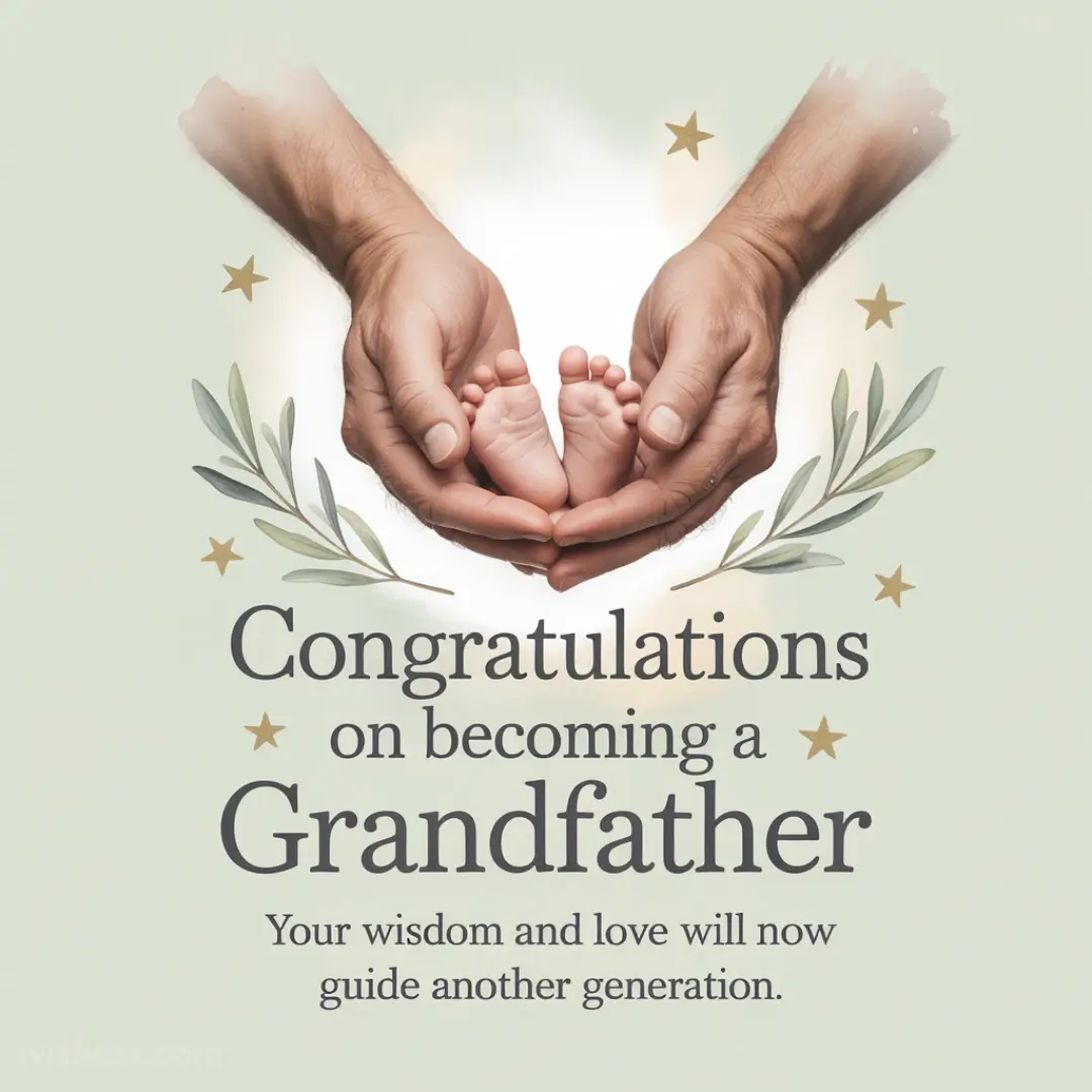 Hands gently hold a baby's feet surrounded by stars and leaves. Text reads, "Congratulations on becoming a Grandfather. Your wisdom and love will now guide another generation." Warm, celebratory tone.