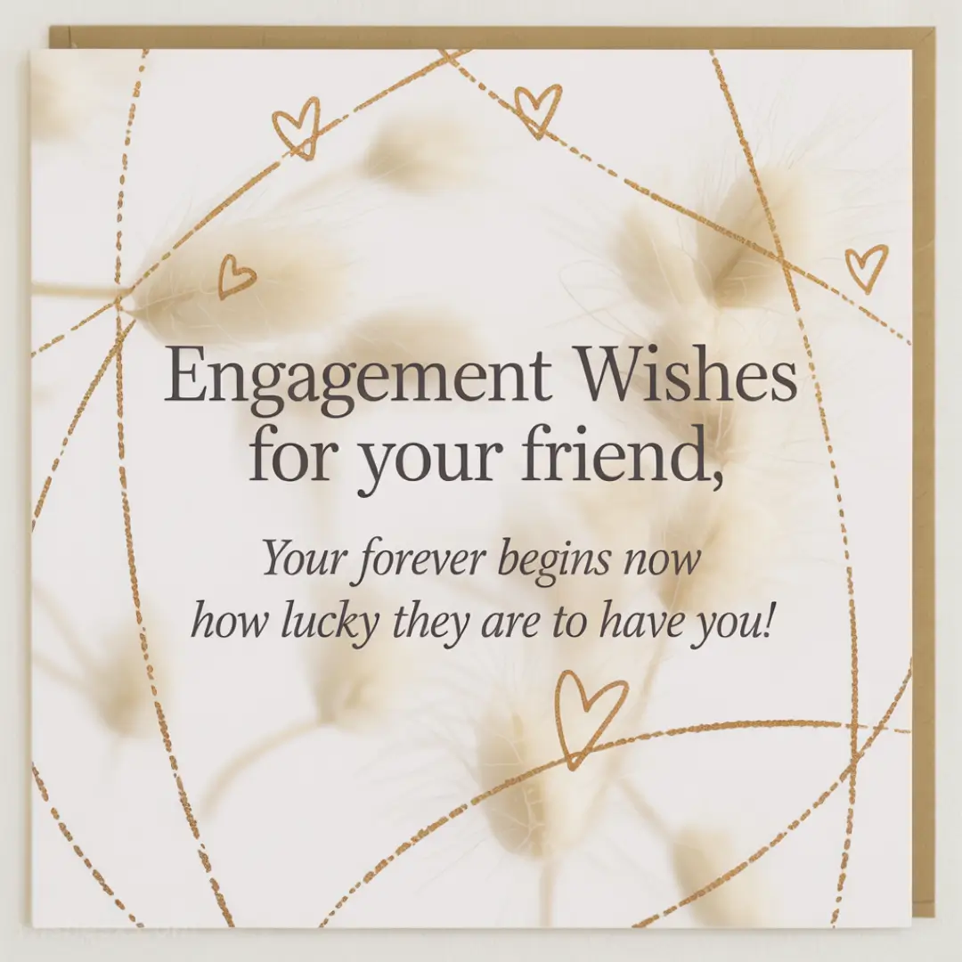 Engagement card with soft background featuring wispy flowers and gold heart lines. Text: "Engagement Wishes for your friend, Your forever begins now how lucky they are to have you!"