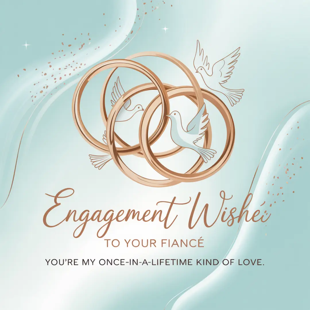 Engagement card with intertwined rings, two doves, and text "Engagement Wishes to Your Fiancé." Elegant gold and teal design with a heartfelt message.
