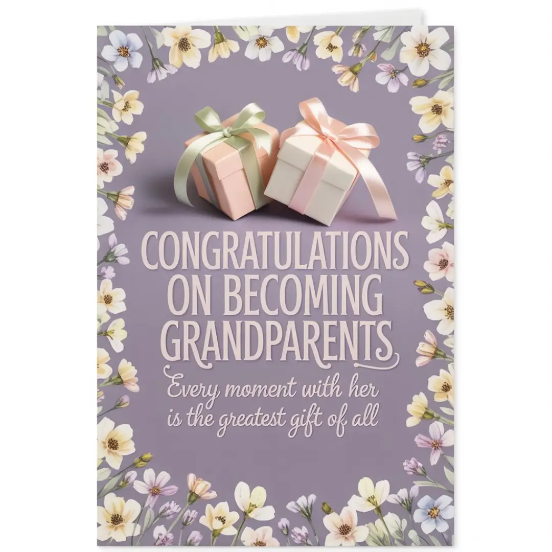 A lavender card with floral borders features two gift boxes with bows. Text reads, "Congratulations on becoming grandparents. Every moment with her is the greatest gift of all."