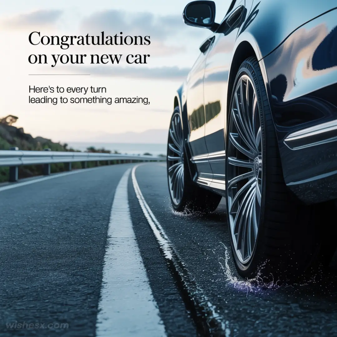 Close-up of a sleek car on a wet road at sunset, with text: "Congratulations on your new car. Here's to every turn leading to something amazing."
