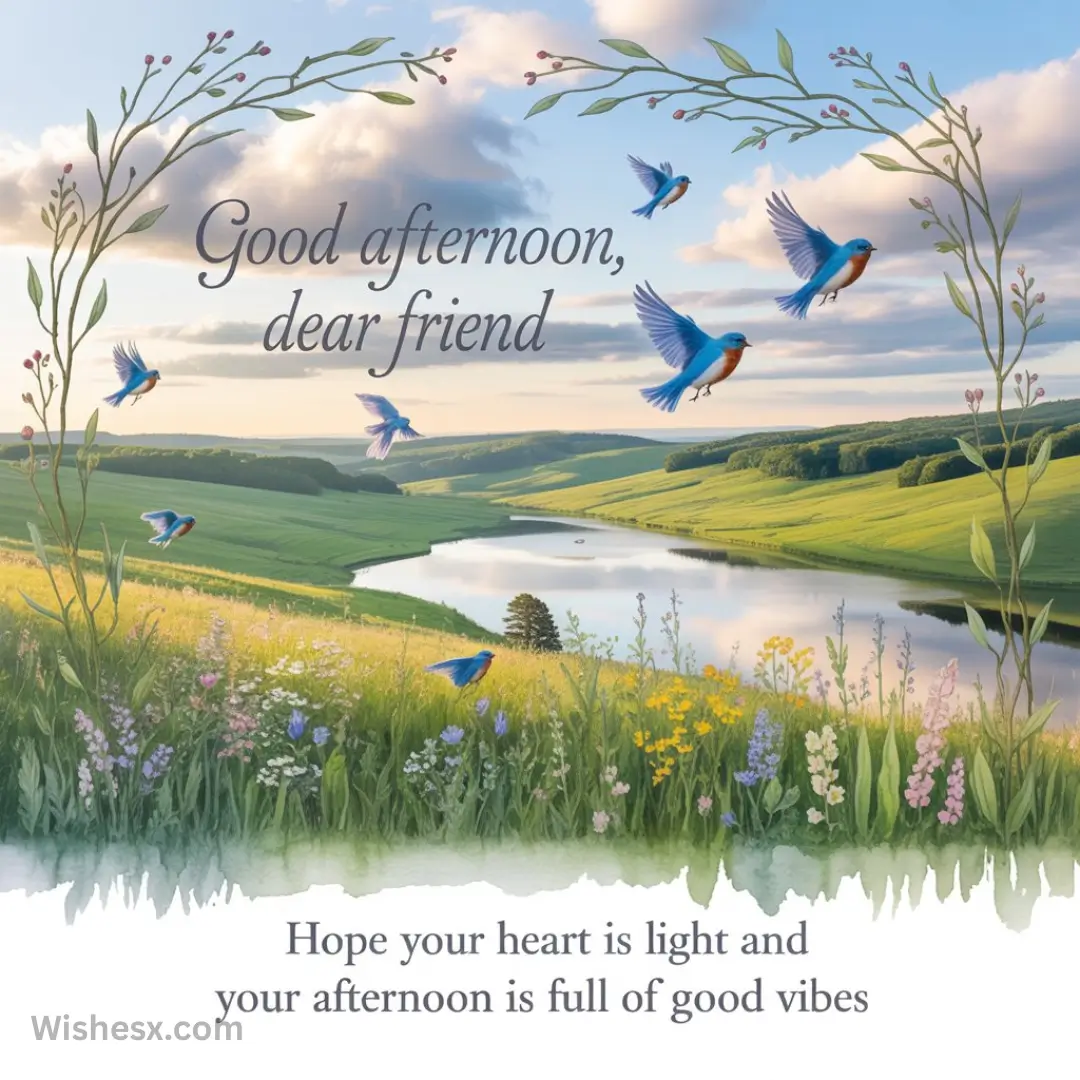 Pastoral scene with a river, lush fields, and wildflowers. Bluebirds soar under a partly cloudy sky. Text reads, "Good afternoon, dear friend."