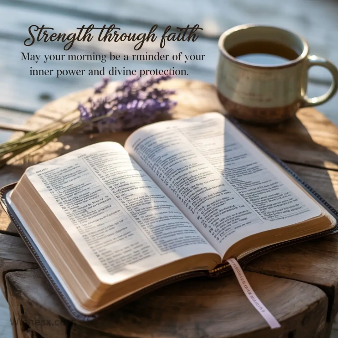 Open Bible on wooden table with a lavender sprig and coffee cup. Sunlight creates a calm, peaceful atmosphere. Text overlays: "Strength through faith."