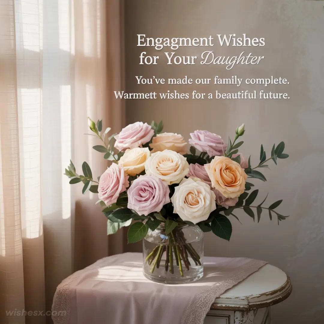 A vase of pastel roses on a small table by a sunlit curtain. Text reads, "Engagement Wishes for Your Daughter." Warm and loving tones.