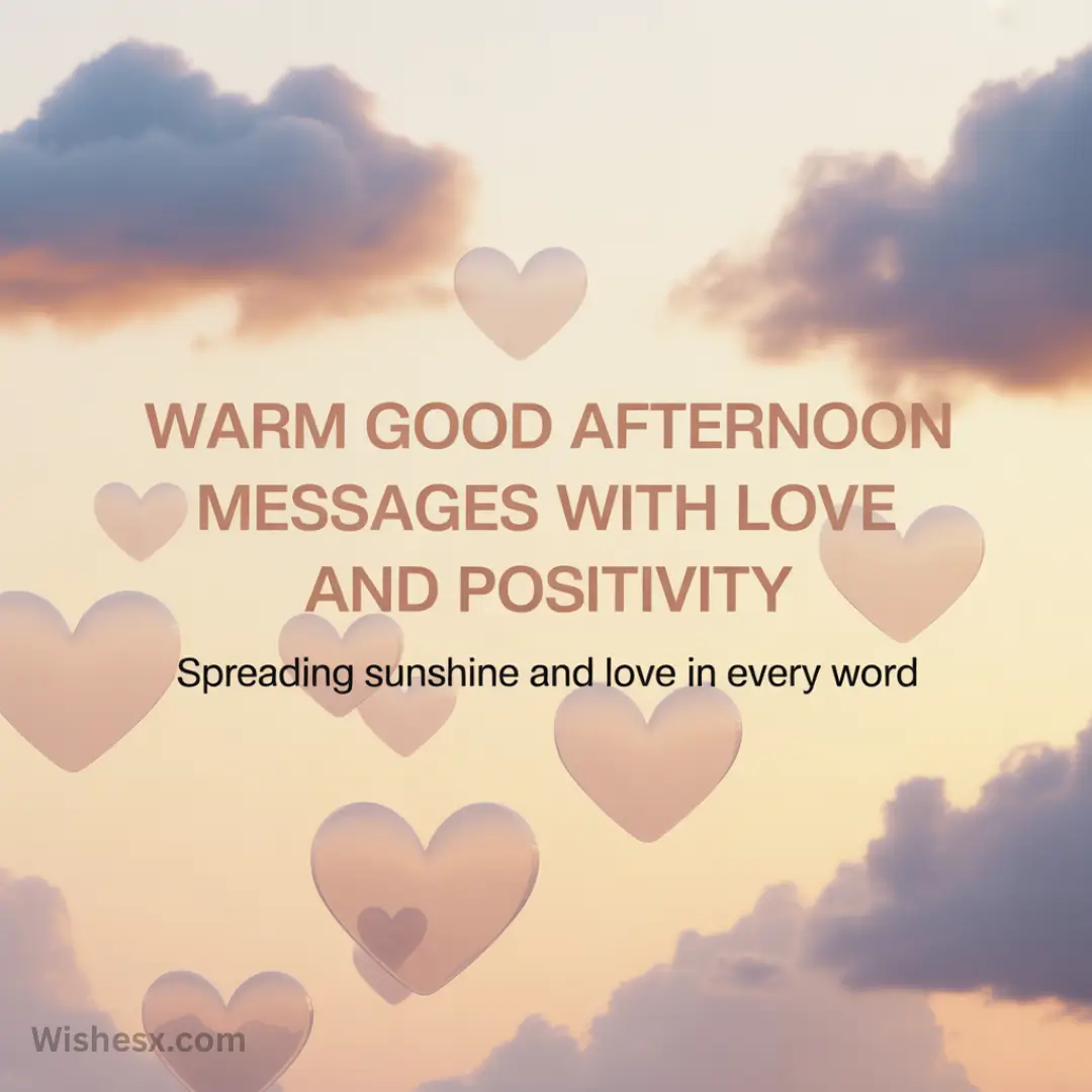 A serene sky with soft clouds and pink hearts. Text reads "Warm Good Afternoon Messages with Love and Positivity" and "Spreading sunshine and love in every word."