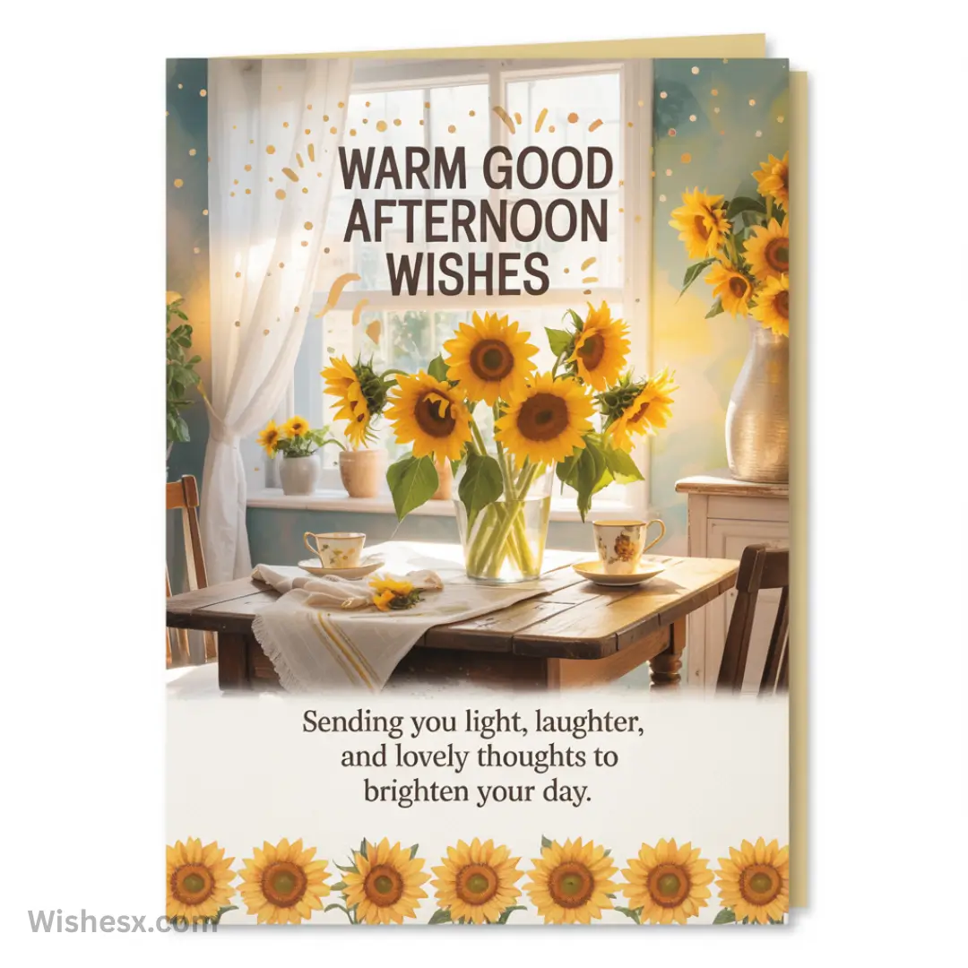 Greeting card with "Warm Good Afternoon Wishes" text over sunflowers in a vase on a sunlit table. Cups and a cozy setting convey warmth and cheer.