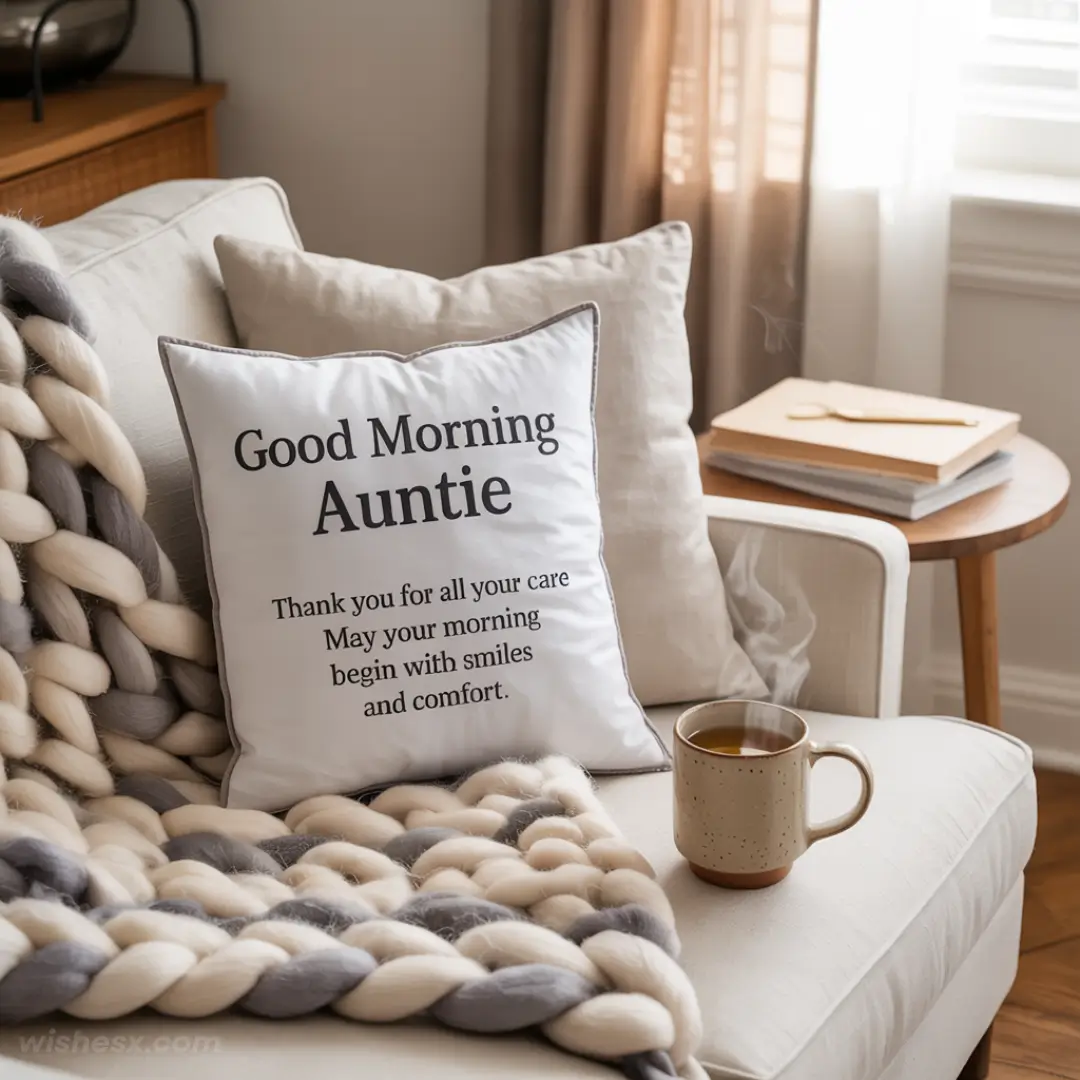 Cozy living room with a sofa, a chunky knit blanket, and a cushion reading "Good Morning Auntie." Nearby, a steaming mug and books on a side table.
