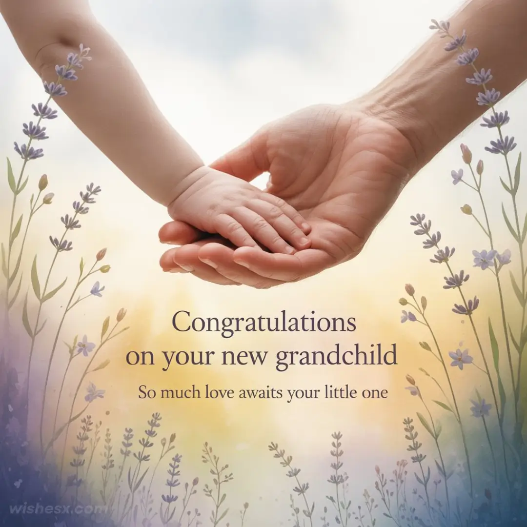 A baby's hand clasped by an adult's, set against a soft, floral background. Text reads, "Congratulations on your new grandchild. So much love awaits your little one."