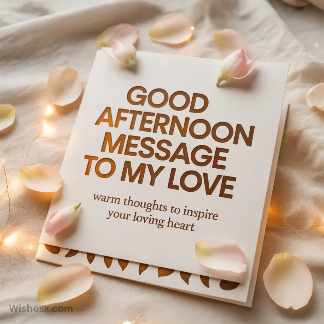 A greeting card on a soft fabric background reads, "Good Afternoon Message to My Love," adorned with pink petals and soft string lights, creating a warm, romantic atmosphere.