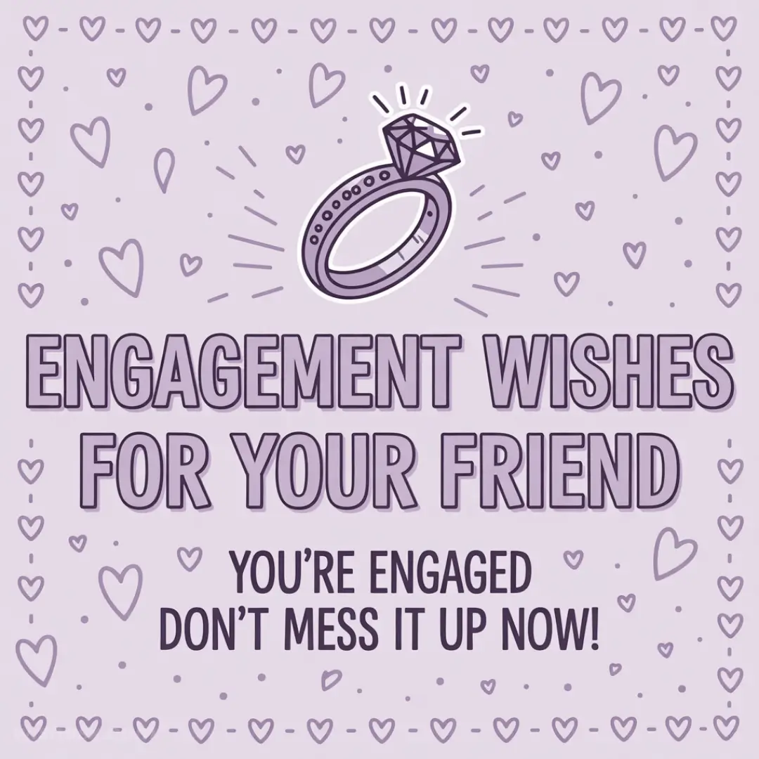 Engagement card with a large ring illustration, surrounded by hearts on a lavender background. Text reads, "Engagement wishes for your friend. You're engaged, don't mess it up now!"