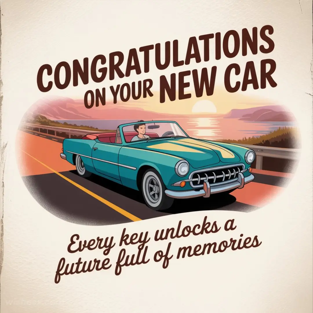 Illustration of a vintage blue convertible driving on a coastal road at sunset. Text: "Congratulations on your new car. Every key unlocks a future full of memories."