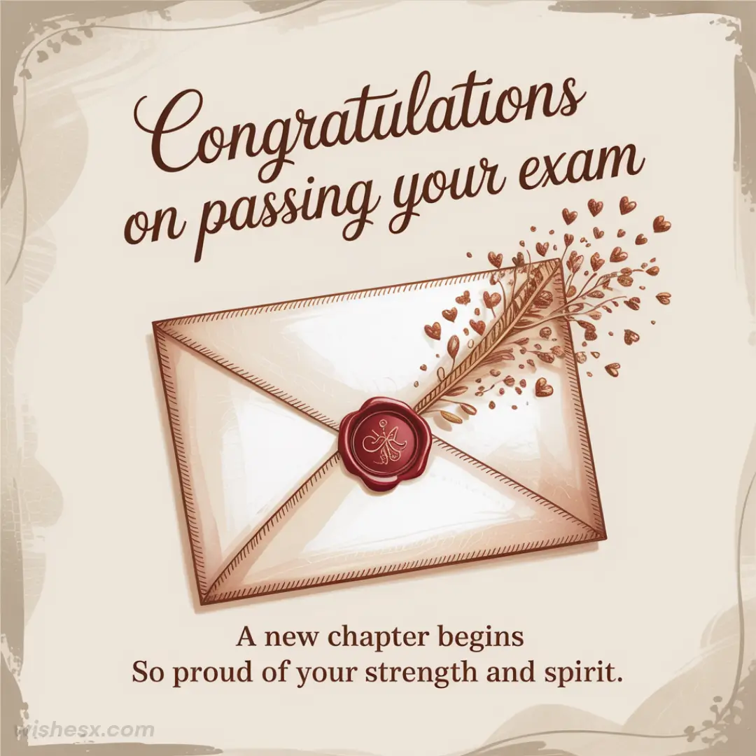 Elegant congratulations card with a sealed envelope and heart embellishments. Text: "Congratulations on passing your exam. A new chapter begins. So proud of your strength and spirit."