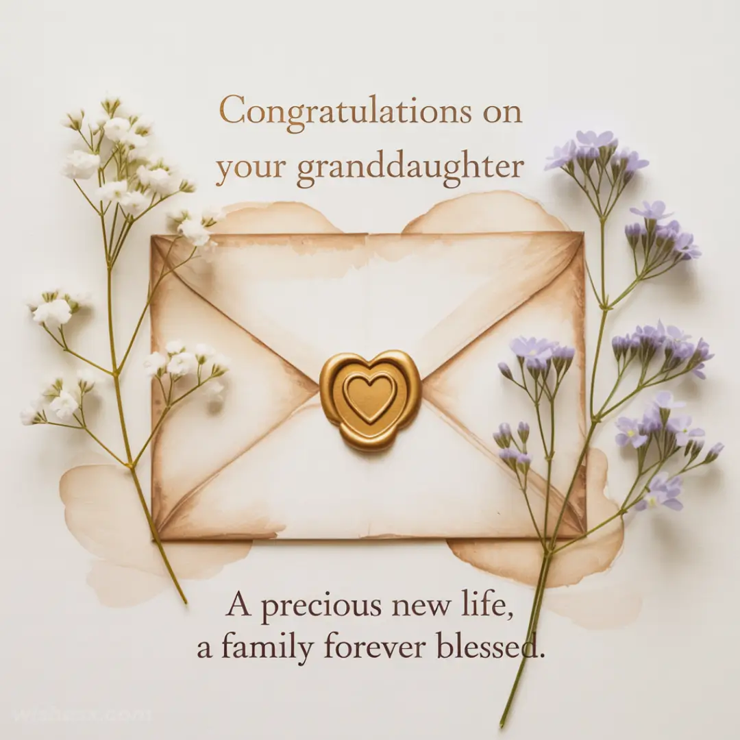 Decorative card with floral accents and an envelope sealed with a gold heart. Text reads, "Congratulations on your granddaughter, a family forever blessed." Romantic and joyful tone.