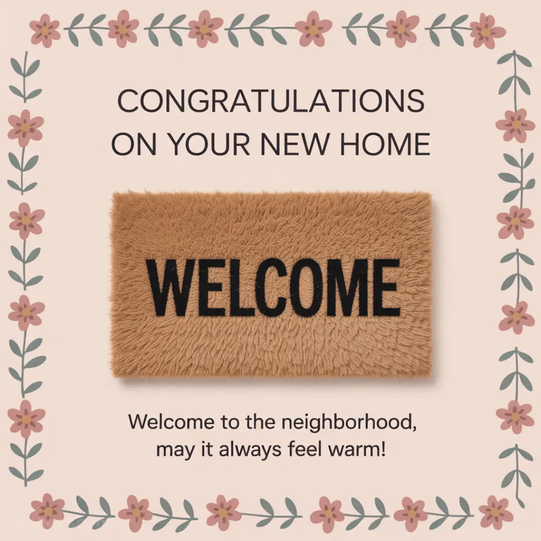 A floral-bordered card featuring a brown welcome mat. Text reads, "Congratulations on your new home. Welcome to the neighborhood, may it always feel warm!"
