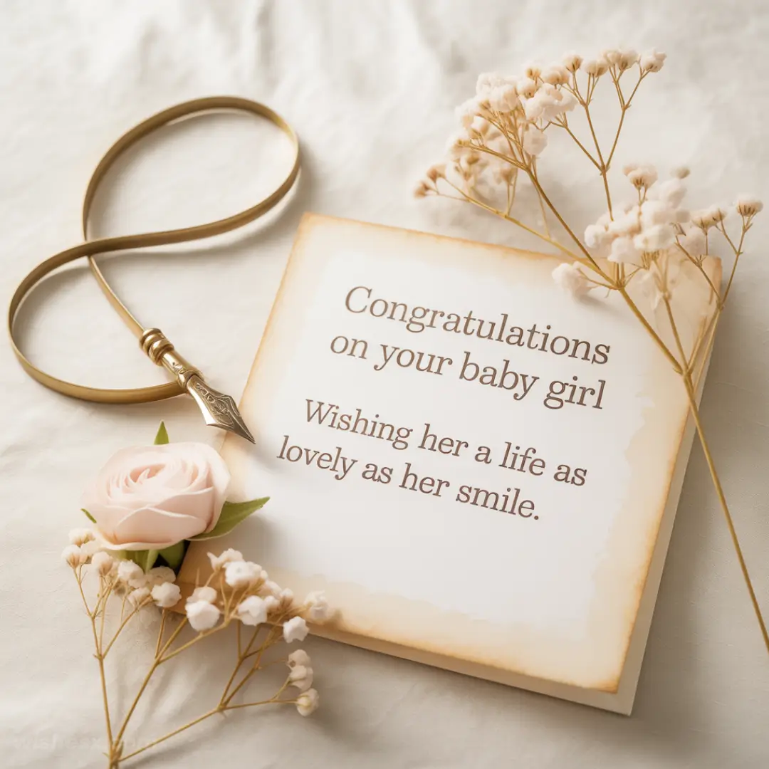 A card with elegant, scripted text reads, "Congratulations on your baby girl. Wishing her a life as lovely as her smile." It's adorned with soft pink roses, delicate white flowers, and a vintage pen in a looped ribbon, conveying warmth and celebration.