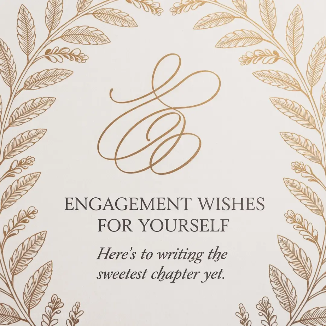 Elegant engagement card with gold leaf embellishments and calligraphic script. Text reads, “Engagement Wishes for Yourself. Here's to writing the sweetest chapter yet.”