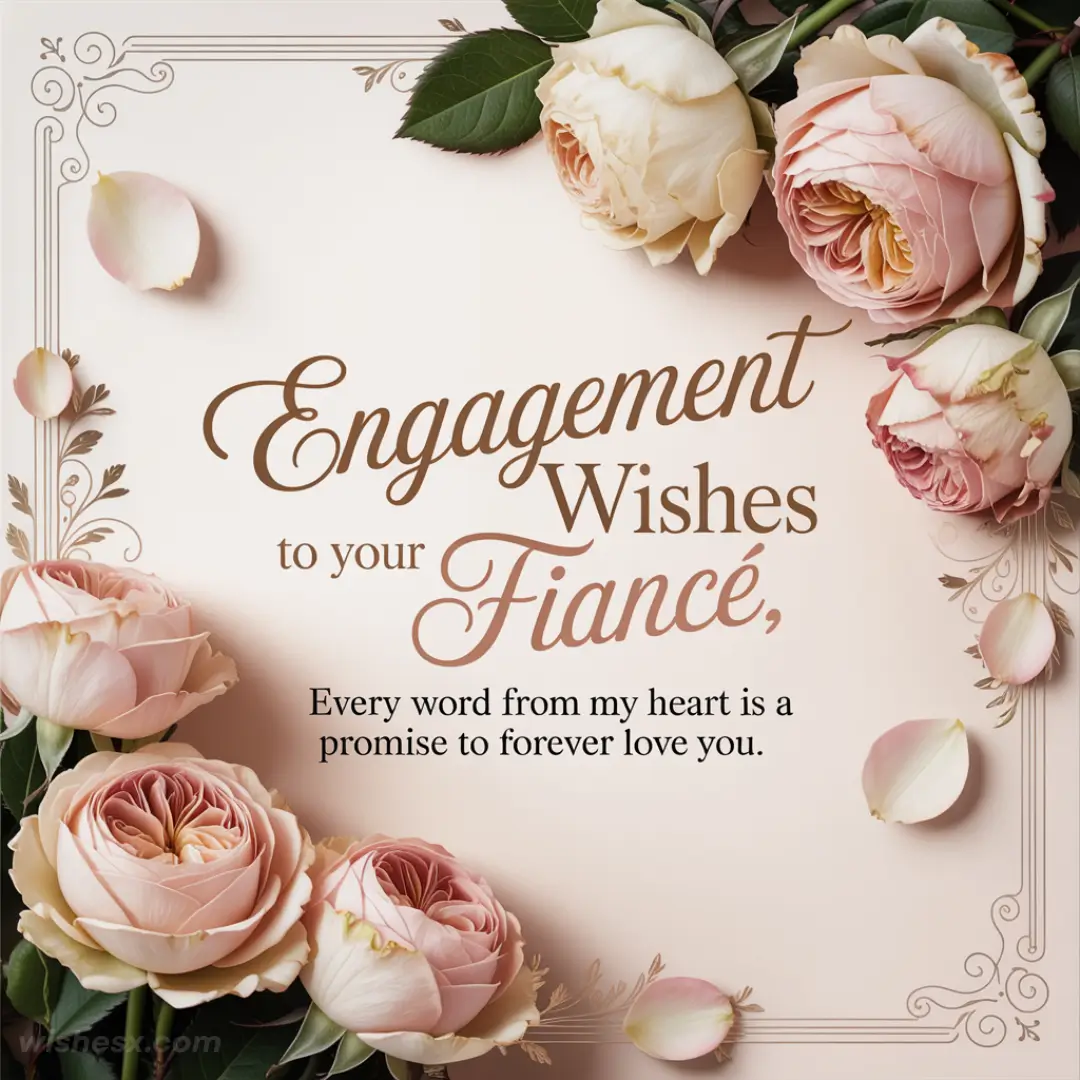 Elegant engagement card with blush pink roses and delicate floral borders. Text says, "Engagement Wishes to your Fiancé, Every word from my heart is a promise to forever love you."
