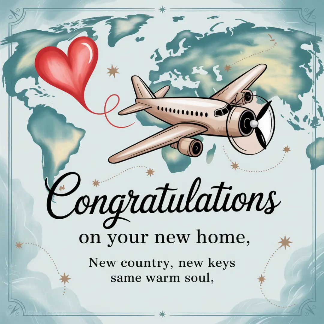 Illustration of an airplane flying over a world map, a red heart, with text: "Congratulations on your new home, new country, new keys, same warm soul."