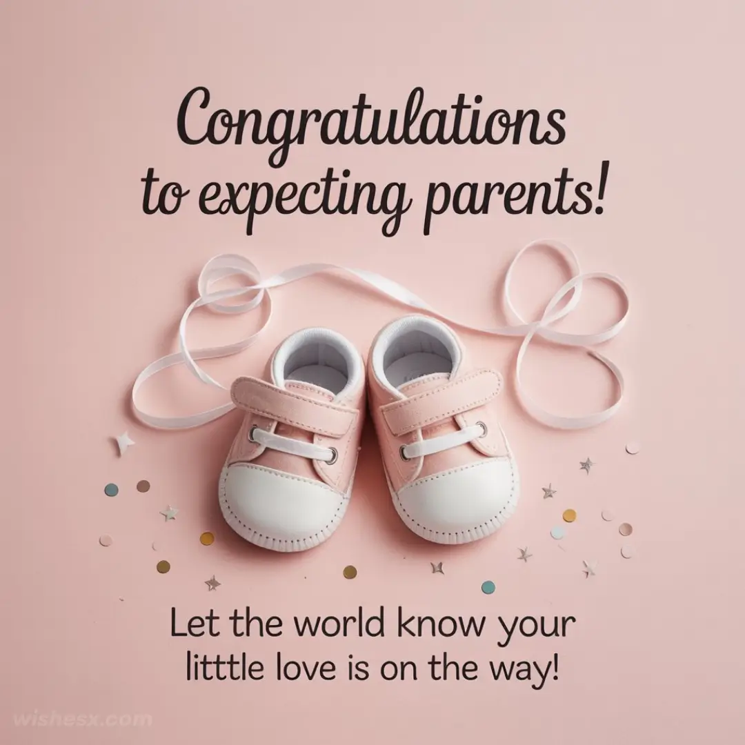 A pair of pink baby shoes with white soles and a ribbon are on a pink background with confetti. Text reads "Congratulations to expecting parents!"