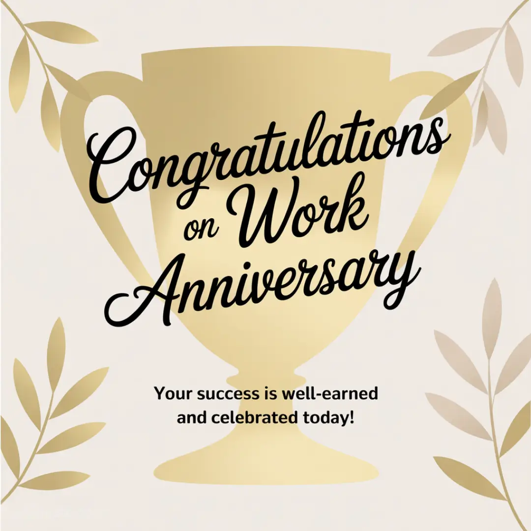 A golden trophy with leaves in the background features the text "Congratulations on Work Anniversary" and "Your success is well-earned and celebrated today!"