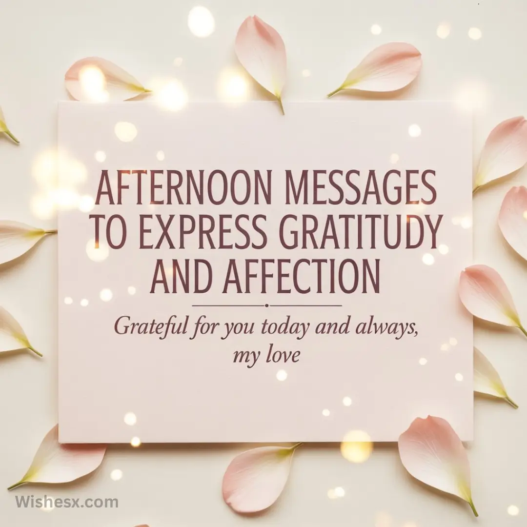 A pink card reads, "Afternoon messages to express gratitude and affection. Grateful for you today and always, my love." Surrounded by pink petals and soft light.
