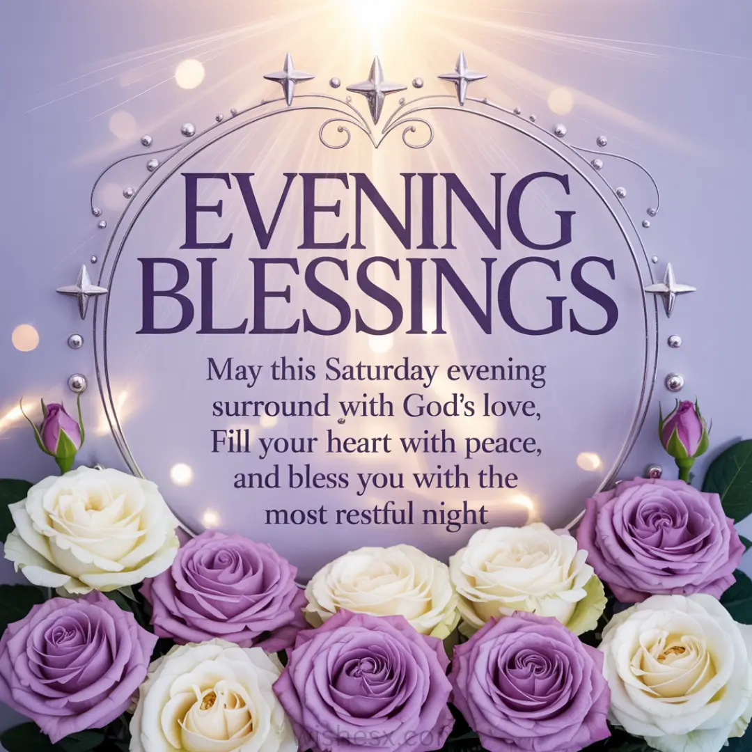 Elegant "Evening Blessings" text with soft glowing stars and pastel purple roses. The message conveys love, peace, and wishes for a restful night.
