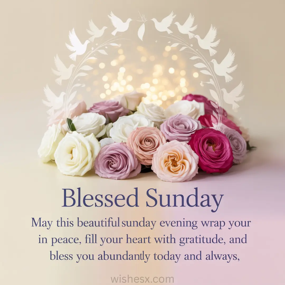 A bouquet of pastel roses with glowing lights in the background. Above, white silhouettes of doves form an arch. Text reads "Blessed Sunday" with a heartfelt message.