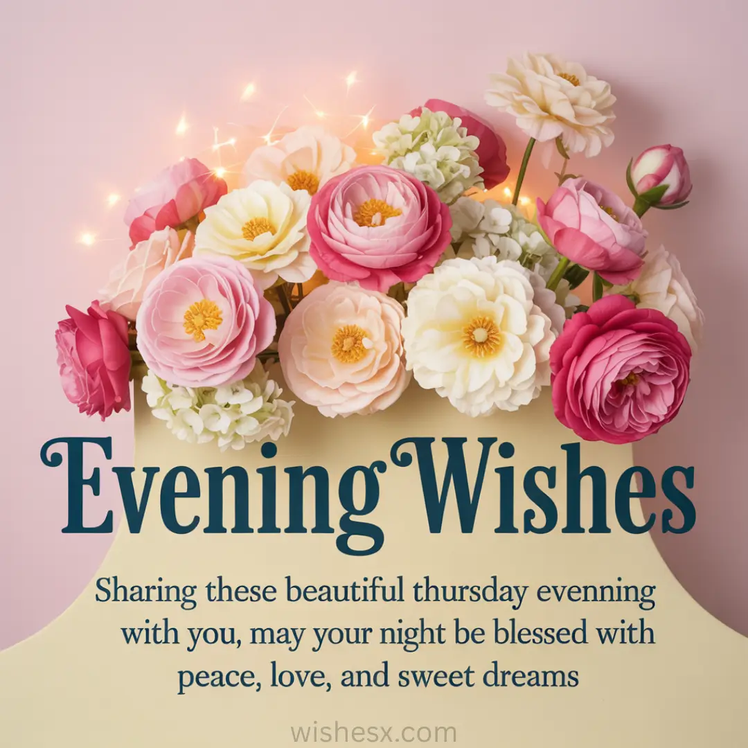 A bouquet of pink and white flowers with glowing lights on a soft pink background. Text reads, "Evening Wishes" and shares a warm evening message.