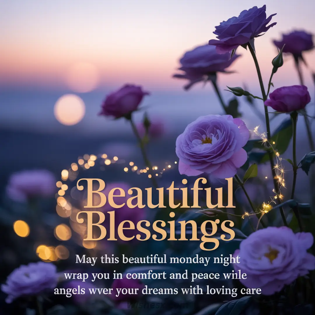 Purple roses in soft focus against a sunset sky, with sparkling lights. Text reads "Beautiful Blessings" and a comforting nighttime message.