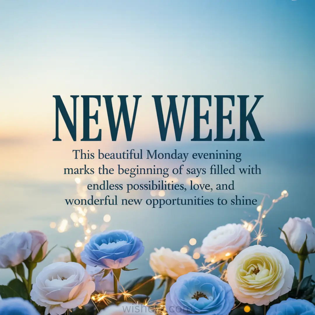 Pastel flowers and fairy lights in the foreground with a tranquil ocean sunset. Text reads: "NEW WEEK" inspiring optimism and new beginnings.