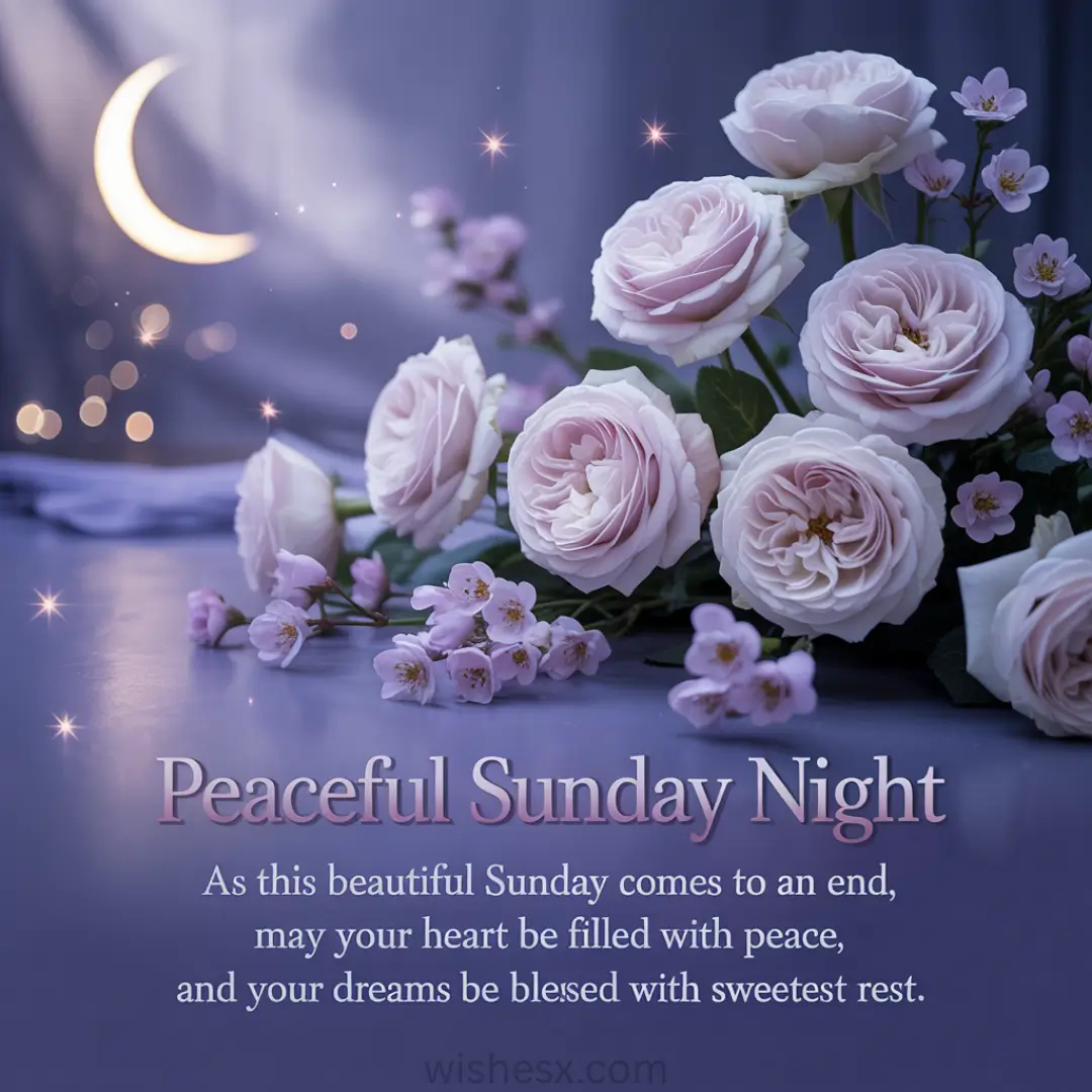 A tranquil scene with pink roses and cherry blossoms set against a soft lavender background. A crescent moon glows above the text "Peaceful Sunday Night".