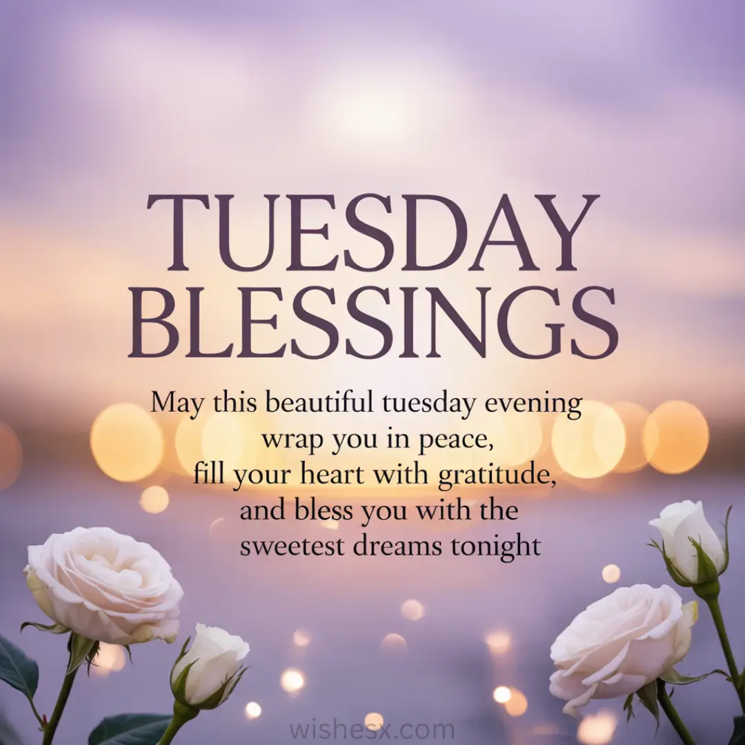 Soft-focus background with warm lights and sky hues features white roses in the foreground. Text: "Tuesday Blessings. May this beautiful Tuesday evening wrap you in peace, fill your heart with gratitude, and bless you with the sweetest dreams tonight."