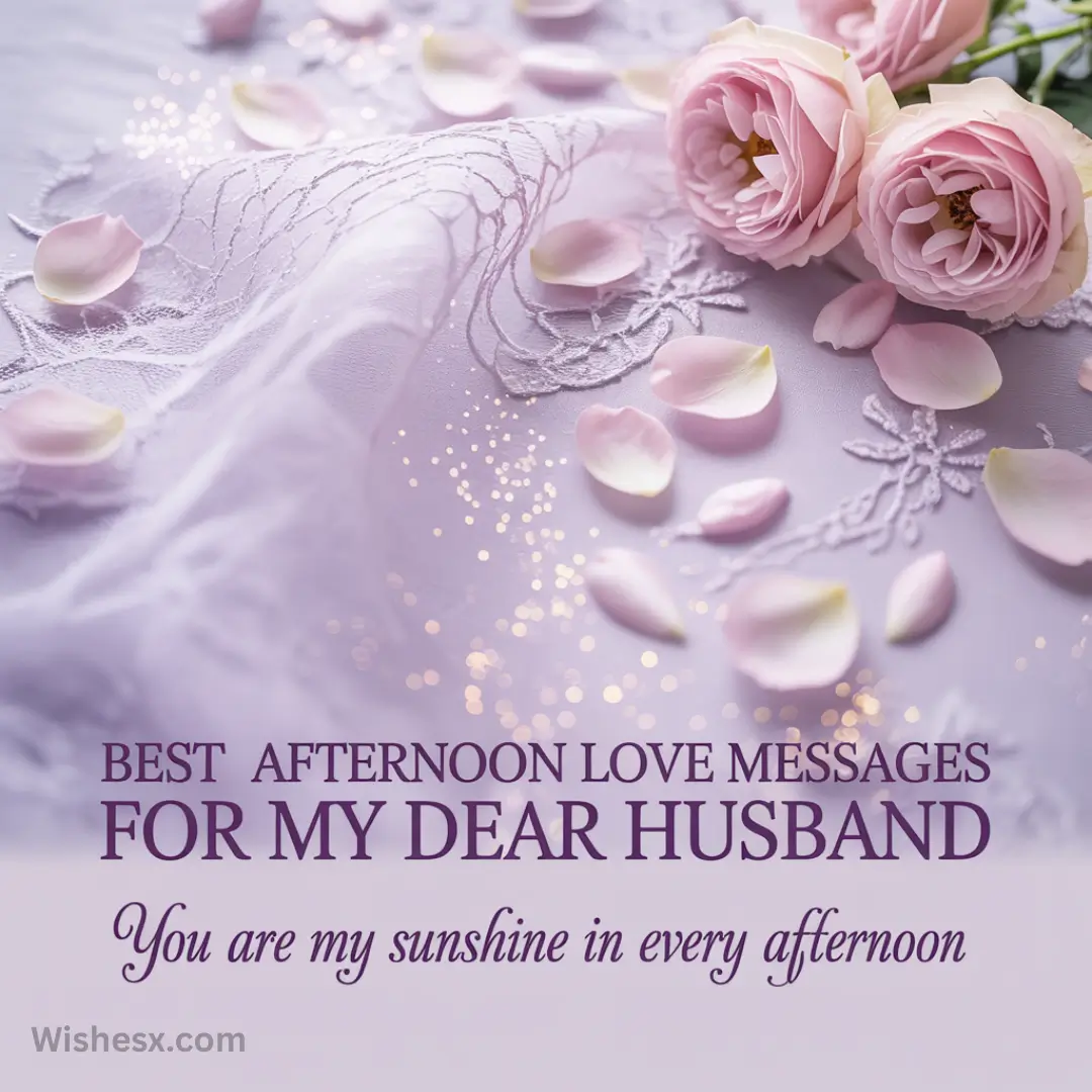 Delicate pink roses and petals on lace, with sparkles creating a romantic mood. Text reads: "Best afternoon love messages for my dear husband."