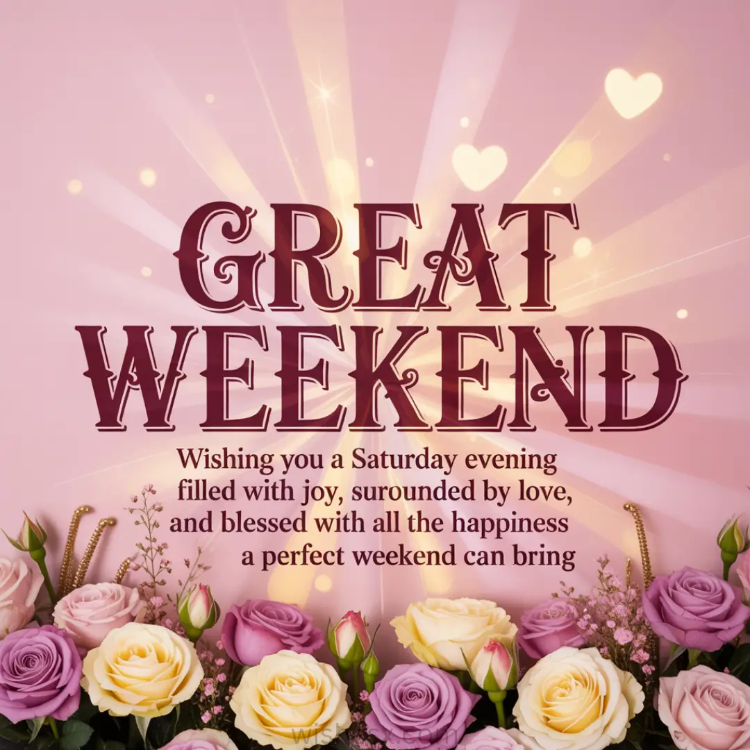 Pink background with "Great Weekend" text in bold, surrounded by glowing hearts. Rose border at the bottom. Tone conveys joy and warmth.