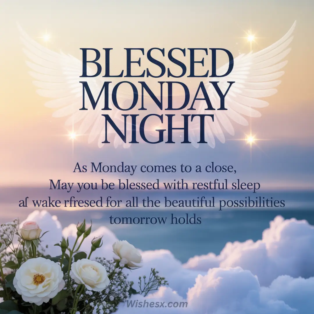 "Blessed Monday Night" text over winged design with stars, set against a serene sunset sky. White roses in the foreground convey peace and hope.