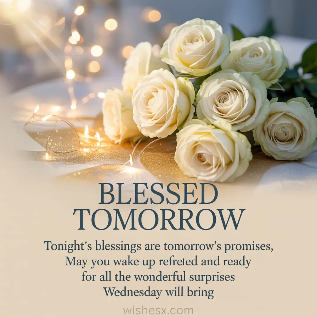 A bouquet of cream roses lies on a table with soft fairy lights, creating a serene ambiance. Text reads, "Blessed Tomorrow" with a hopeful message underneath.