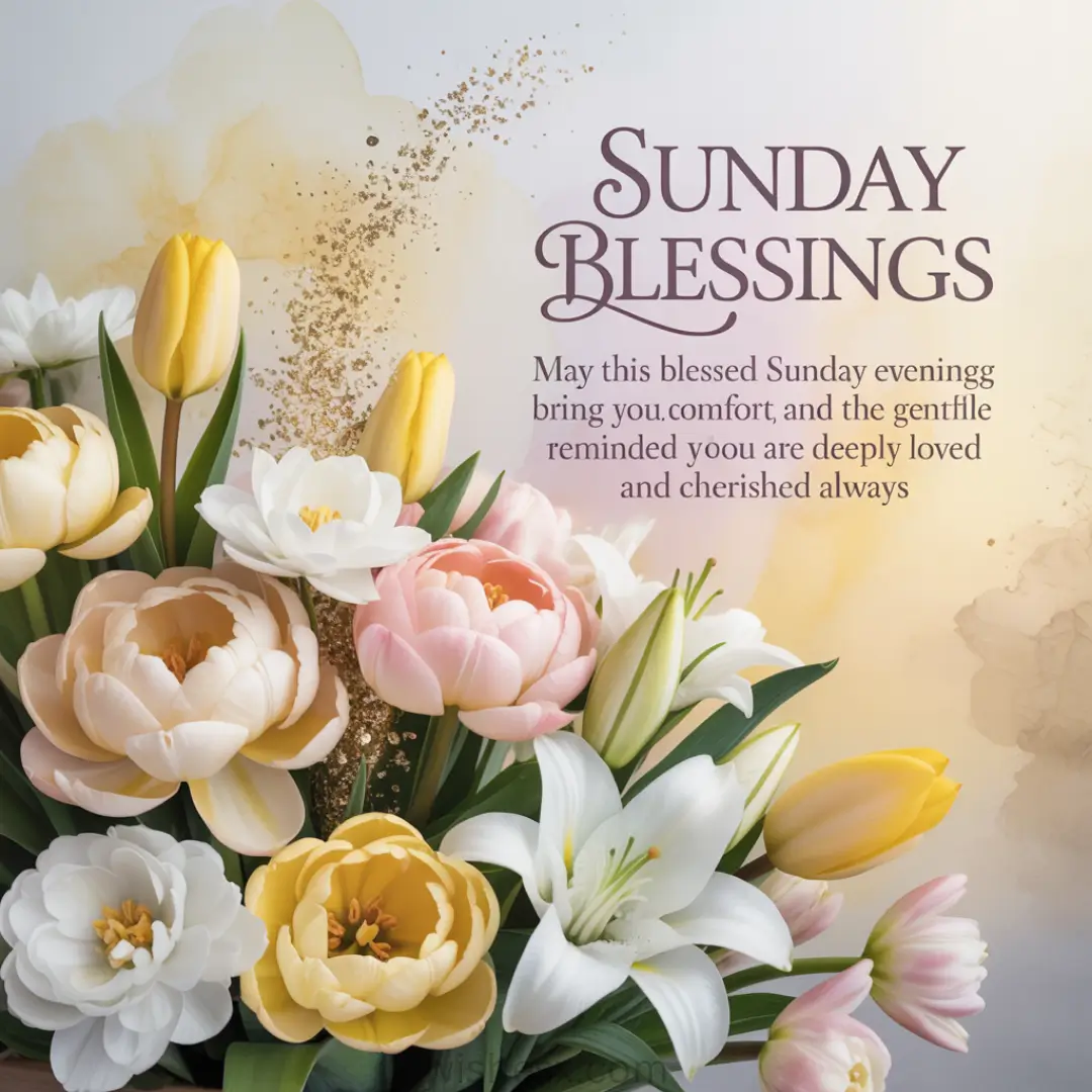 A bouquet of yellow tulips, pink and white peonies, and white lilies set against a soft, watercolor background with gold sparkles. Text reads "Sunday Blessings."