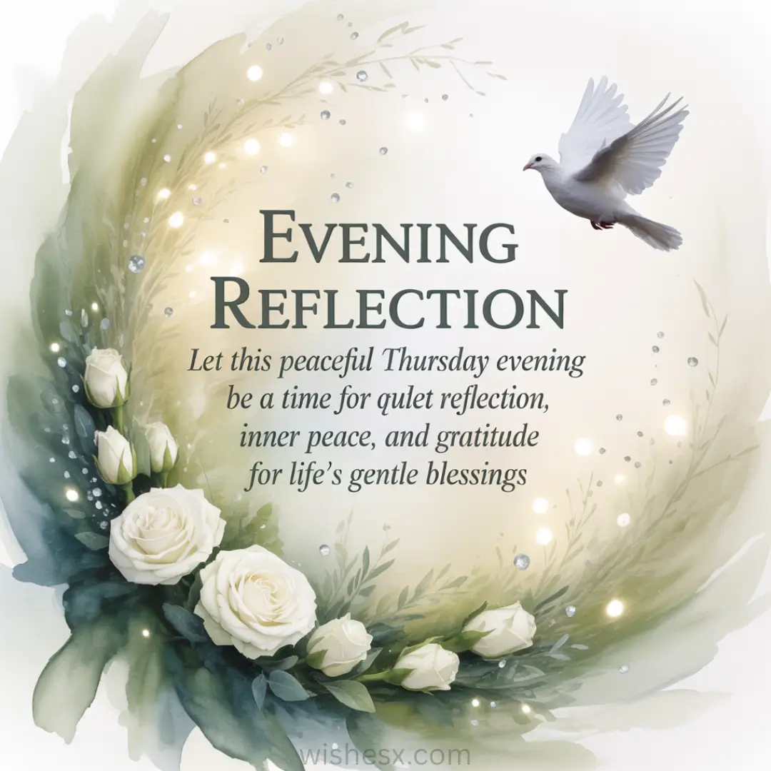 Alt text: Elegant design with white roses and green foliage framing the words "Evening Reflection." A white dove symbolizes peace above. Serene, contemplative tone.
