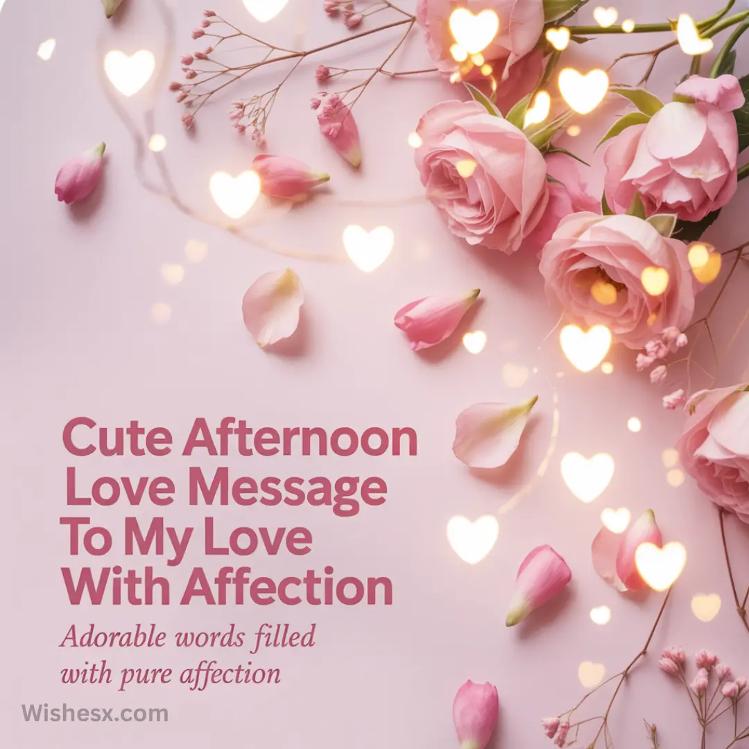 Pink roses and petals on a soft background with glowing heart lights. Text reads, "Cute Afternoon Love Message To My Love With Affection."