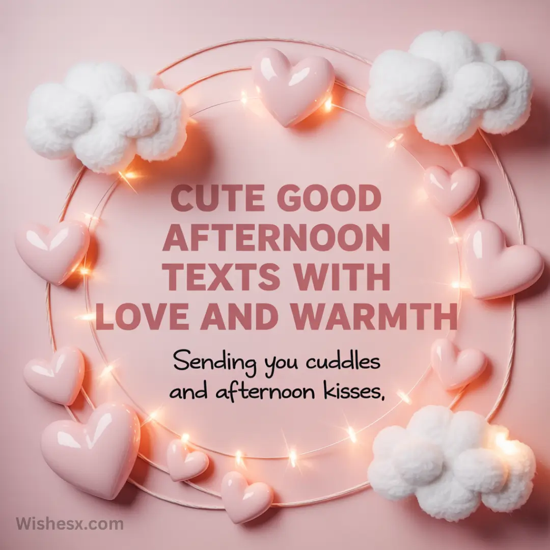 Pink background with heart-shaped lights and fluffy clouds framing the text: “Cute good afternoon texts with love and warmth. Sending you cuddles and afternoon kisses.” Soft, warm vibe.