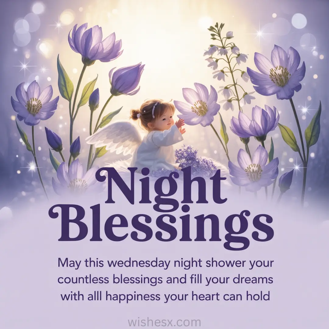 A serene illustration of a winged child surrounded by glowing purple flowers, under soft light. Text reads "Night Blessings" with a message of joy.