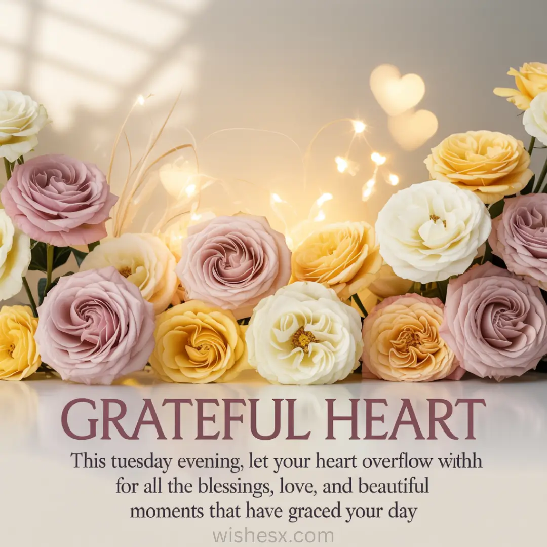 A soft, dreamy arrangement of yellow, white, and pink roses is accented by warm fairy lights and heart bokeh against a gentle background. Text reads, "Grateful Heart" with a message about gratitude.