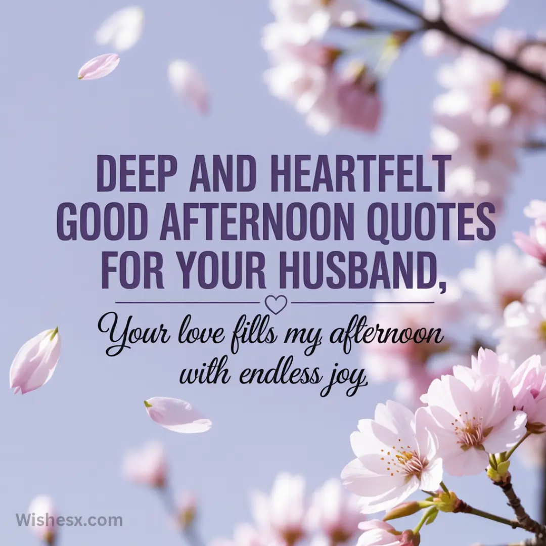Pink cherry blossoms against a clear blue sky frame text: "Deep and heartfelt good afternoon quotes for your husband. Your love fills my afternoon with endless joy."
